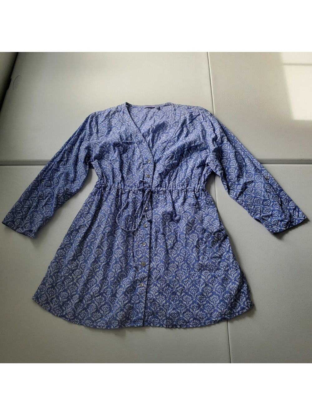 Fresh Produce Top Womens M/L Blue Floral Cotton Belted Button Shirt Dress USA